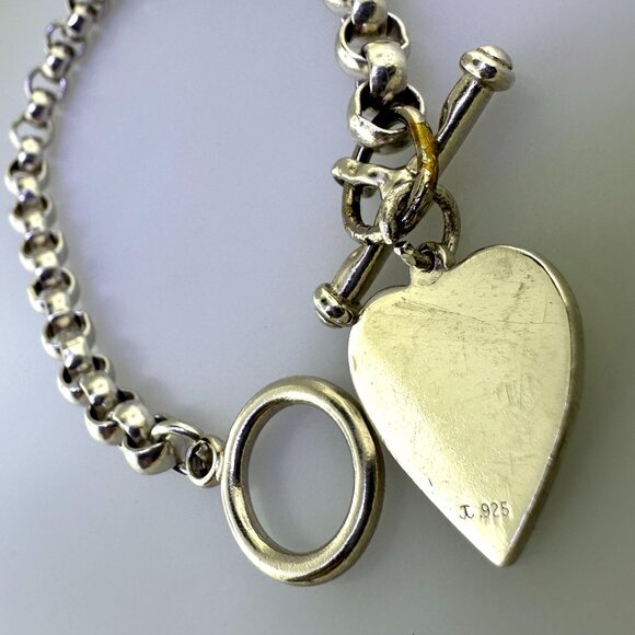 8" Vintage 925 Sterling Silver Toggle Bracelet with Engraveable Heart Pendant - Picture 2 of 9